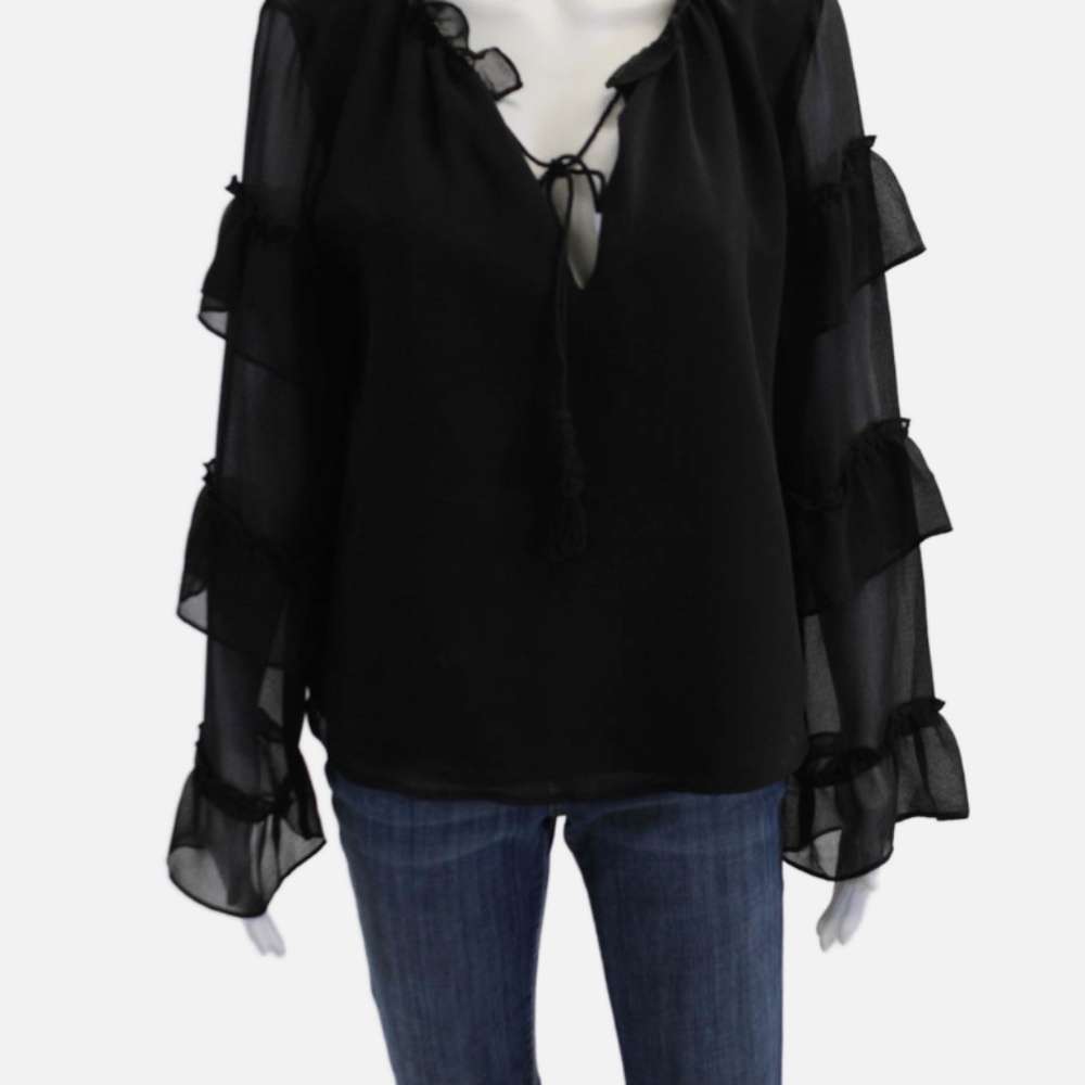 BB Dakota Women's Long Sleeve V Neck Ruffle Trim Blouse Black Size Small